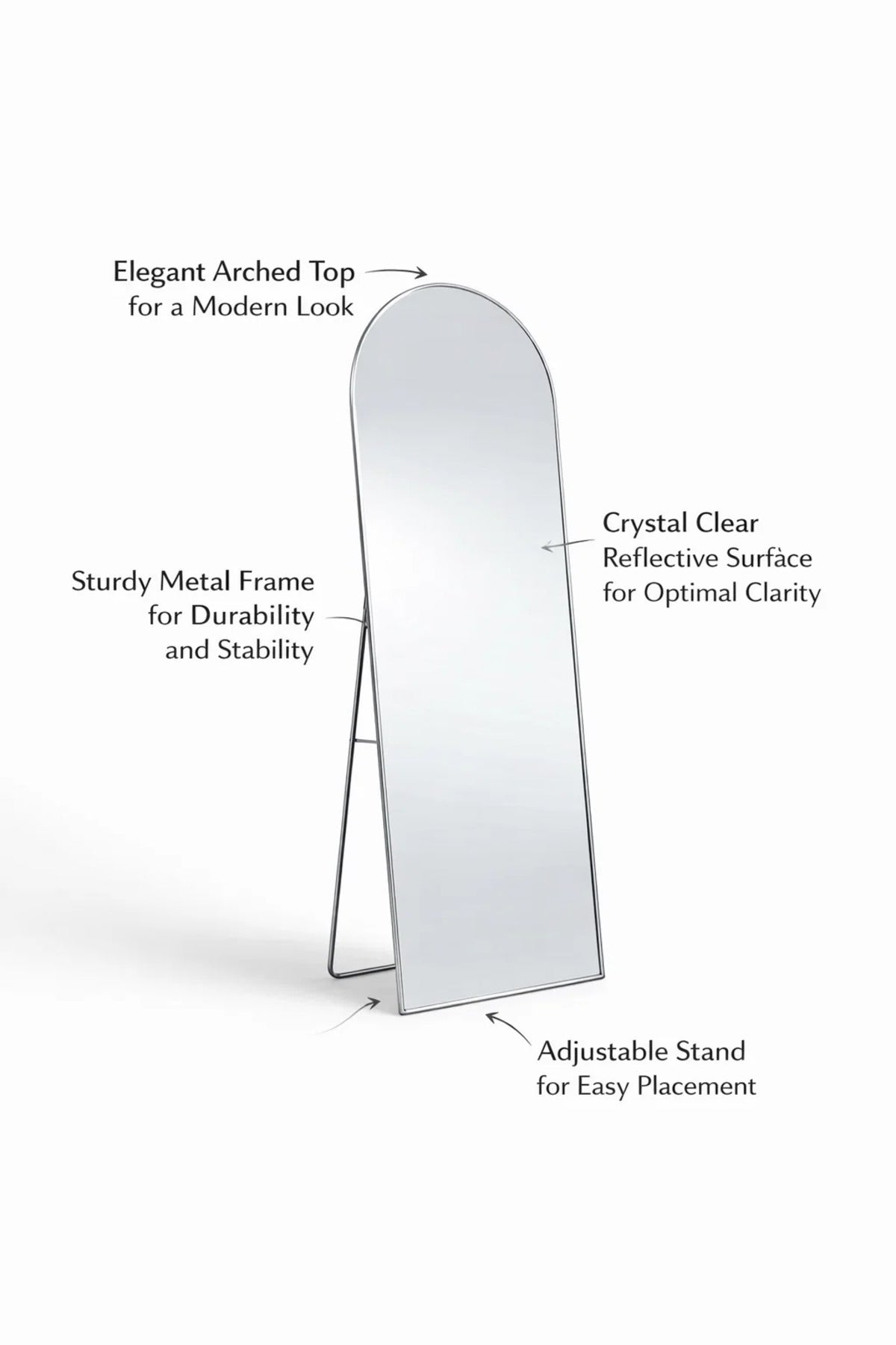 Modern Arched Stand Mirror Full Length Dressing Room Bedroom Decor Silver Glass 160x50cm Large