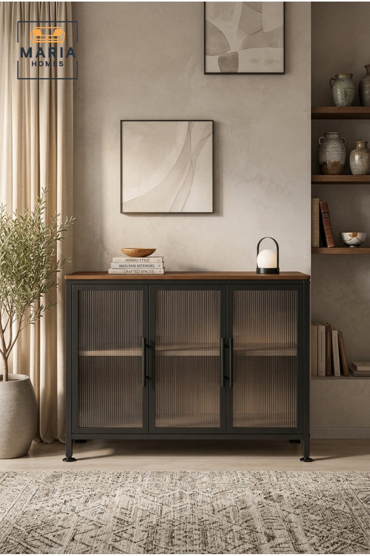 Industrial Metal Sideboard Cabinet with Fluted Glass Doors Ð Modern Storage & Display Cabinet