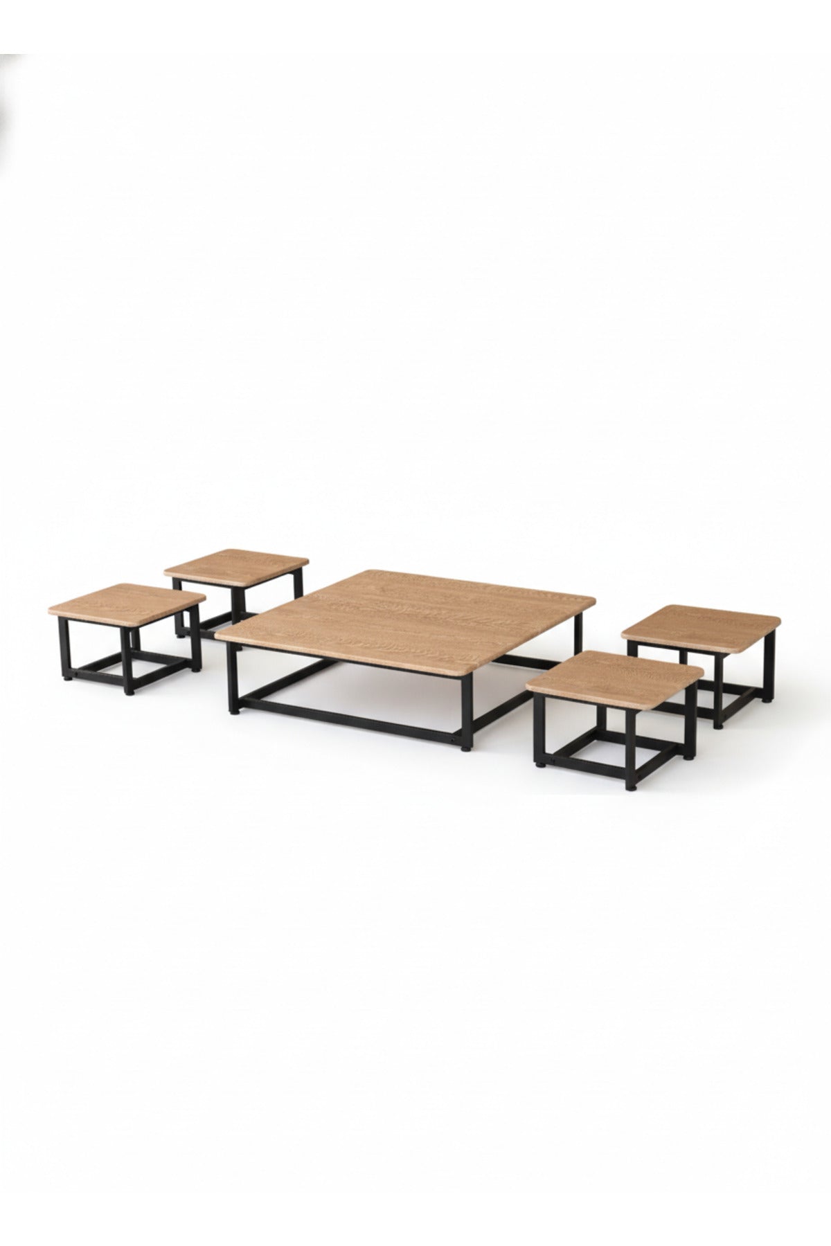 Modern 5-Piece Low Center Table Set Wood Top Black Metal Frame Floor Seating Coffee Table Unit