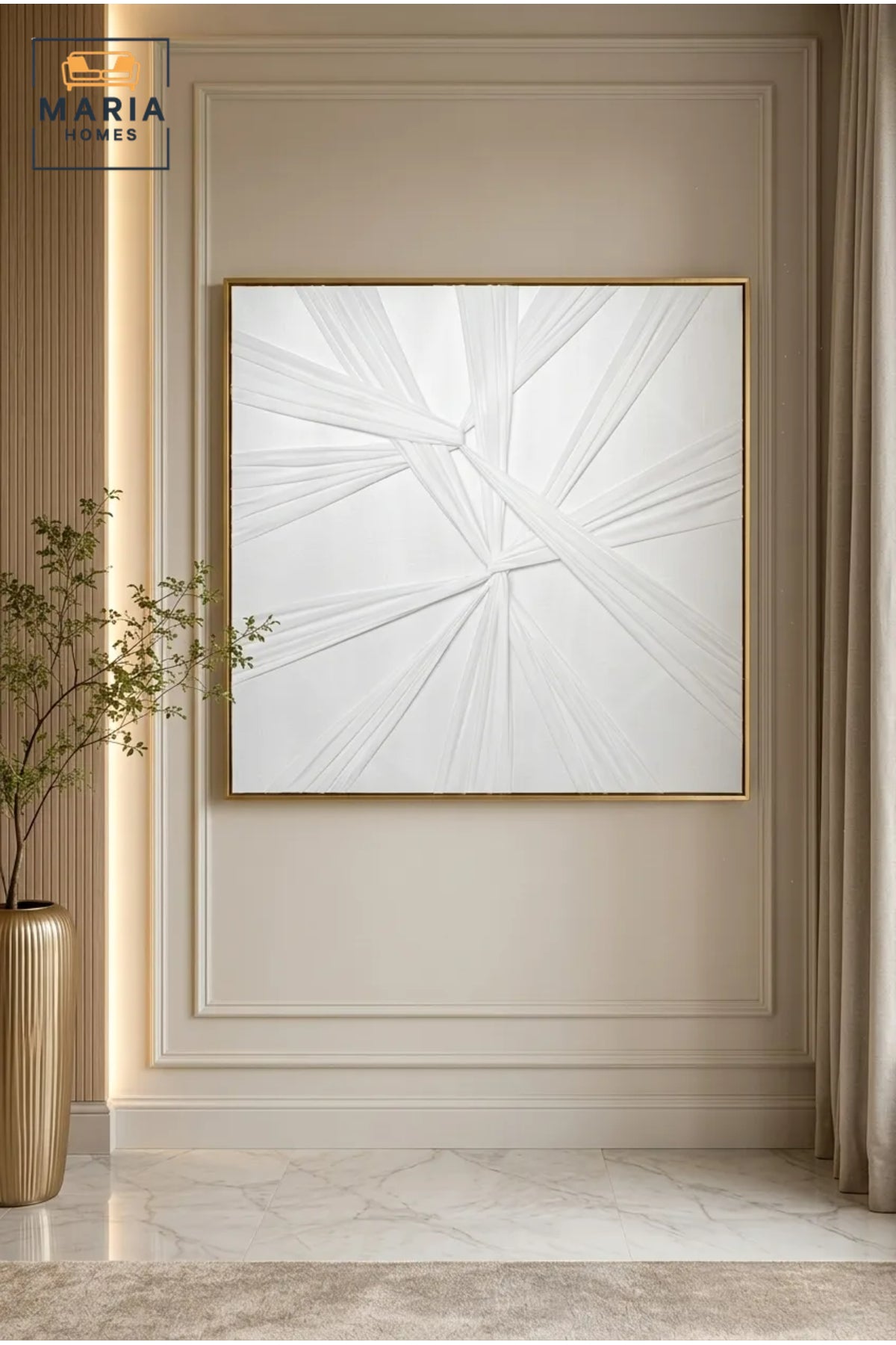 Modern White Geometric Relief Wall Art with Gold Frame Ð Luxury Abstract Textured Canvas for Contemporary Home DŽcor