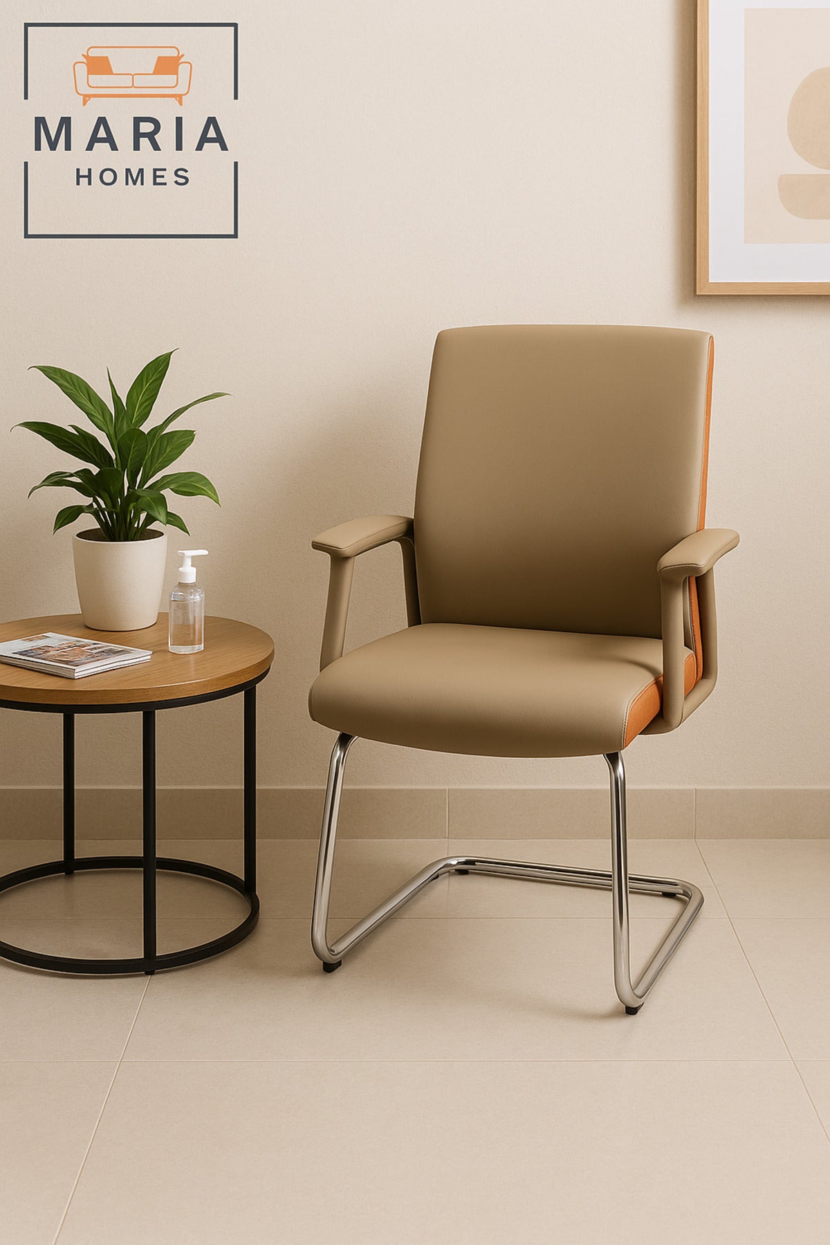 Beige & Orange Visitor Office Chair Ð Modern Leatherette Guest Chair with Chrome Base