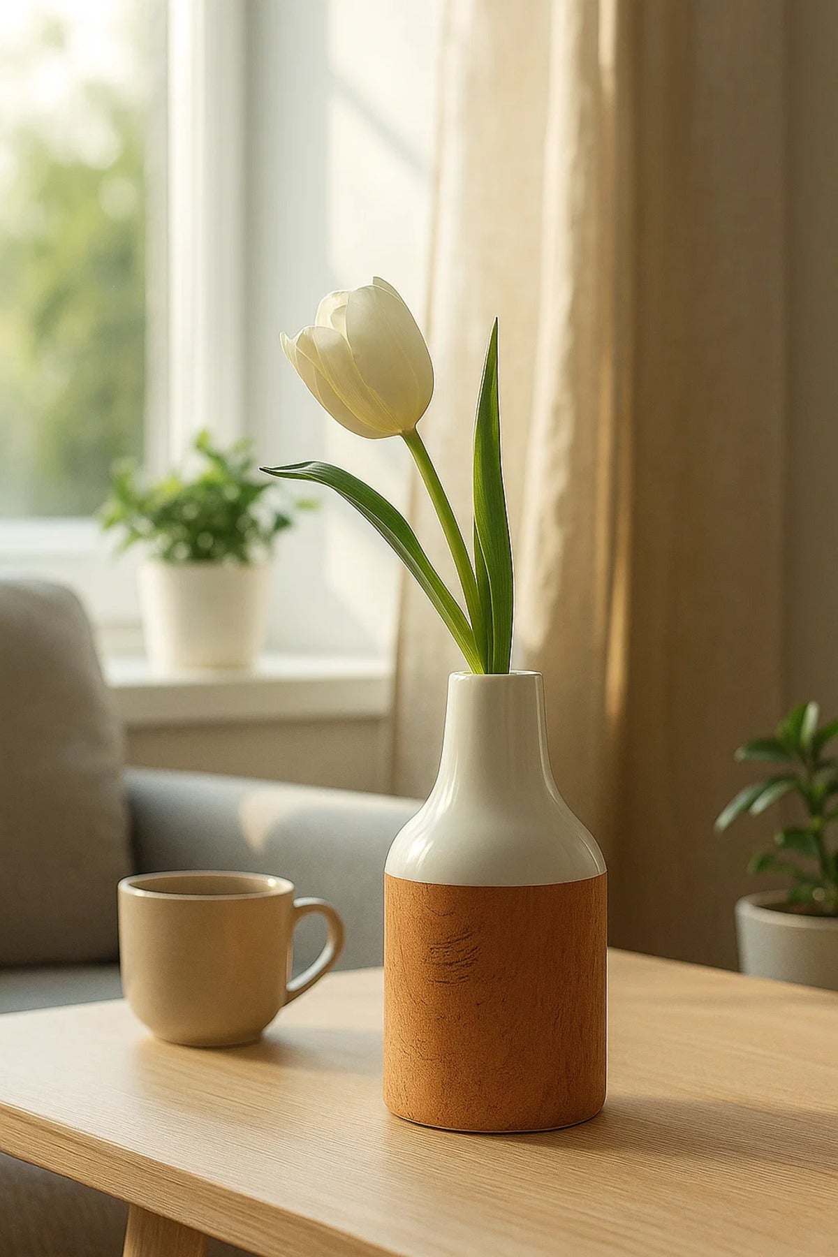 White and Cork Effect Ceramic Vase Ð Modern Minimalist Decorative Flower Pot for Home and Office