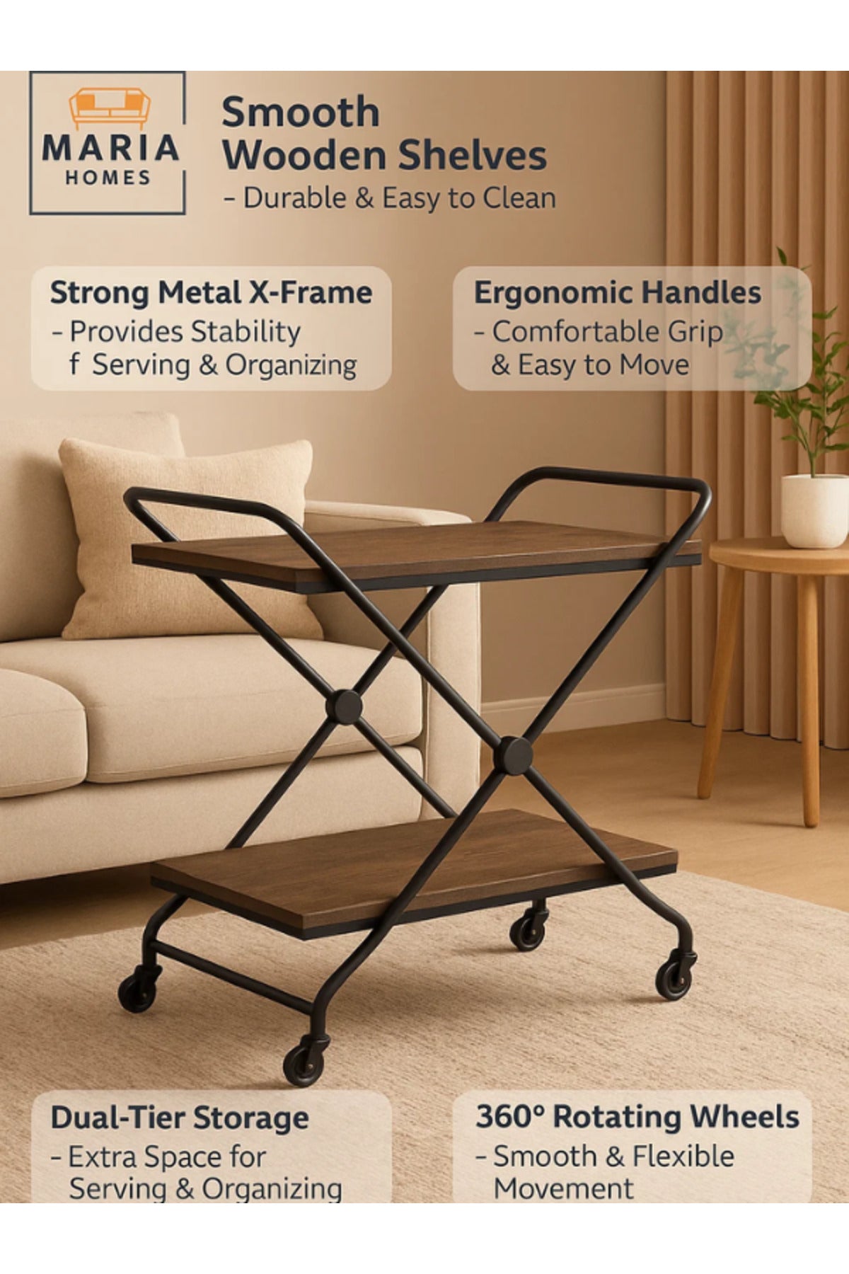 Modern Brown 2-Tier Serving Trolley with Wooden Shelves & Black Metal Frame Ð 70_40_84 cm