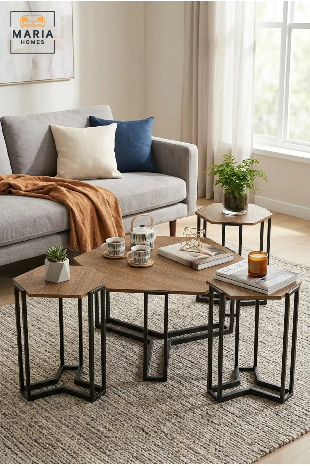 Modern Four-Piece Coffee Table Set with Hexagonal Wooden Tops and Three Nesting Side Tables, Space-Saving Accent Tables for Living Room and Lounge