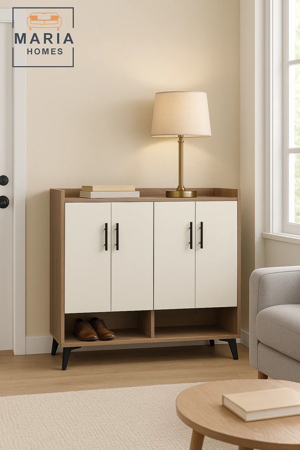 Modern 4-Door White Shoe Rack Cabinet with Open Storage Ð Stylish Wooden Shoe Organizer