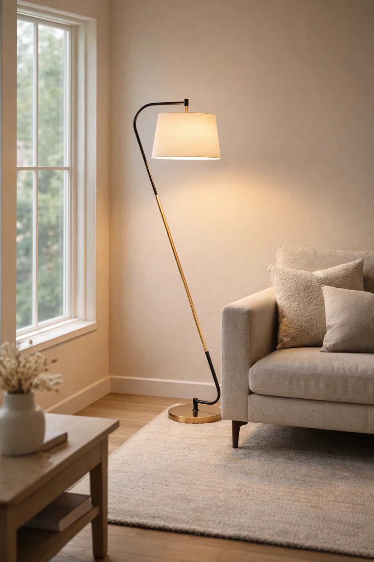Modern Tilted Floor Lamp with Fabric Shade and Metal Base for Living Room