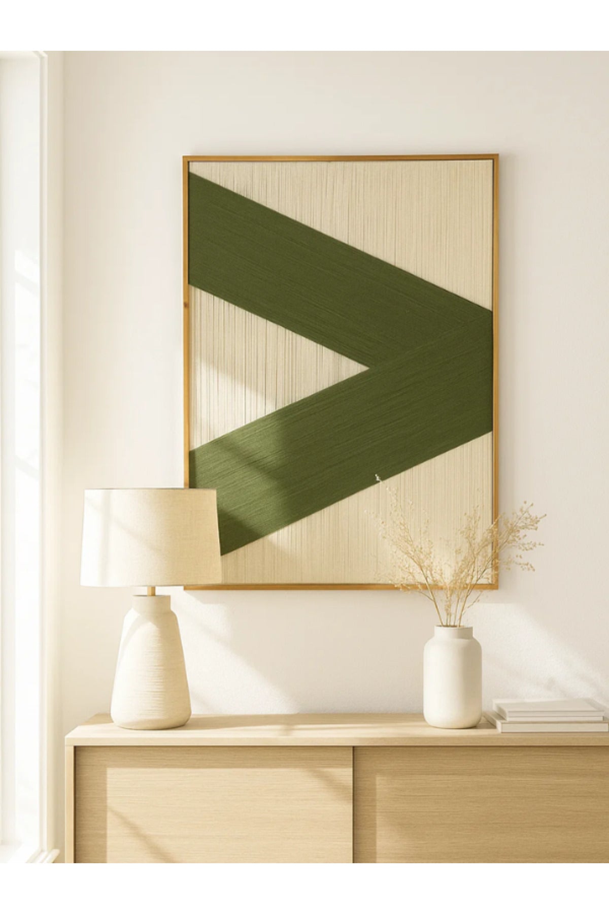 Modern Abstract Wall Art Ð 120_80 cm Beige and Green Geometric Framed Canvas