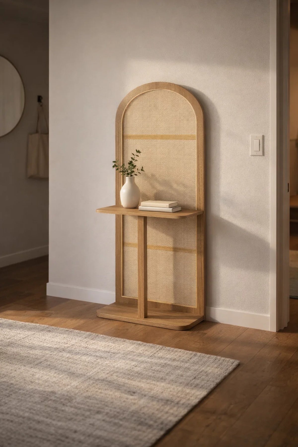 Modern Arched Orginizer Rack with Cane Panel and Brown Wood Frame