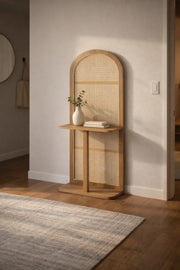 Modern Arched Orginizer Rack with Cane Panel and Brown Wood Frame
