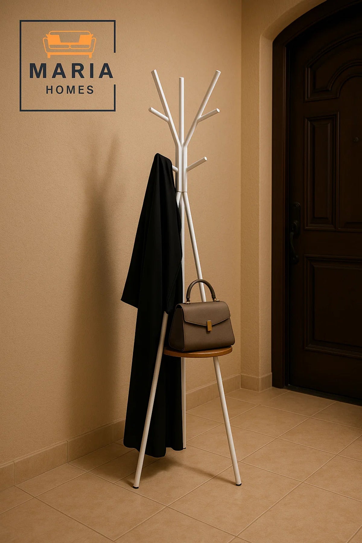 White Tripod Metal Coat Rack with Wooden Shelf