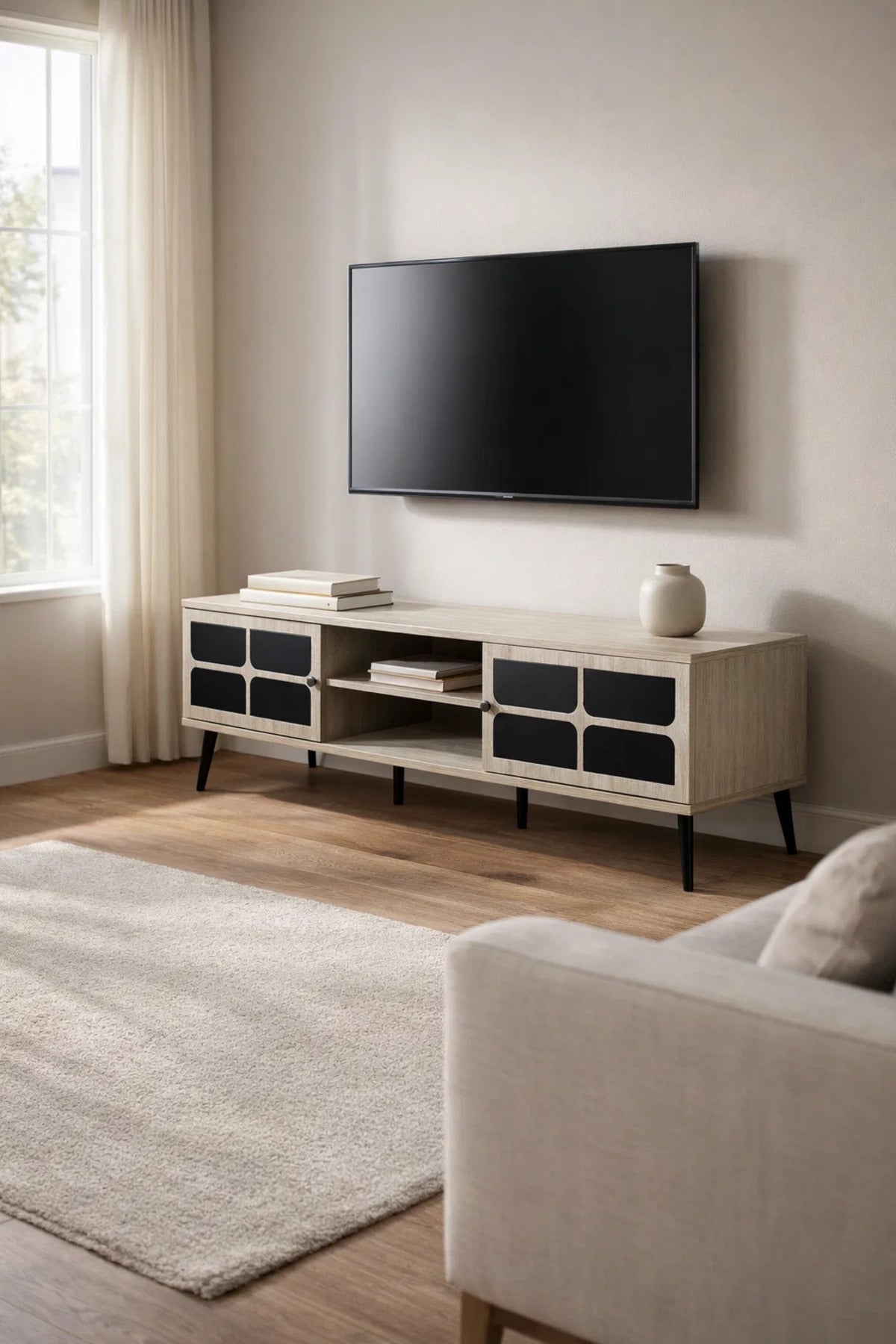 Beige TV Stand √ê 160x40x45 cm Modern Plasma Table with Cabinets & Shelves