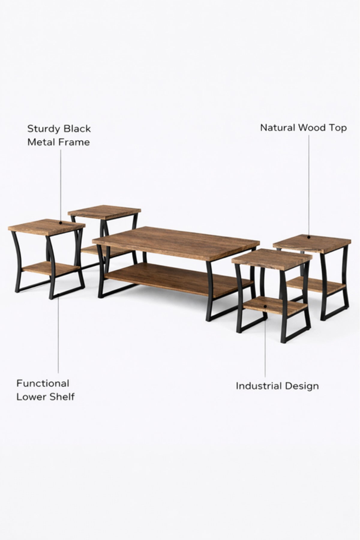 Coffee 1+4 Coffee Table Set √ê Stylish Wood and Metal Design with 1 Large and 4 Side Tables