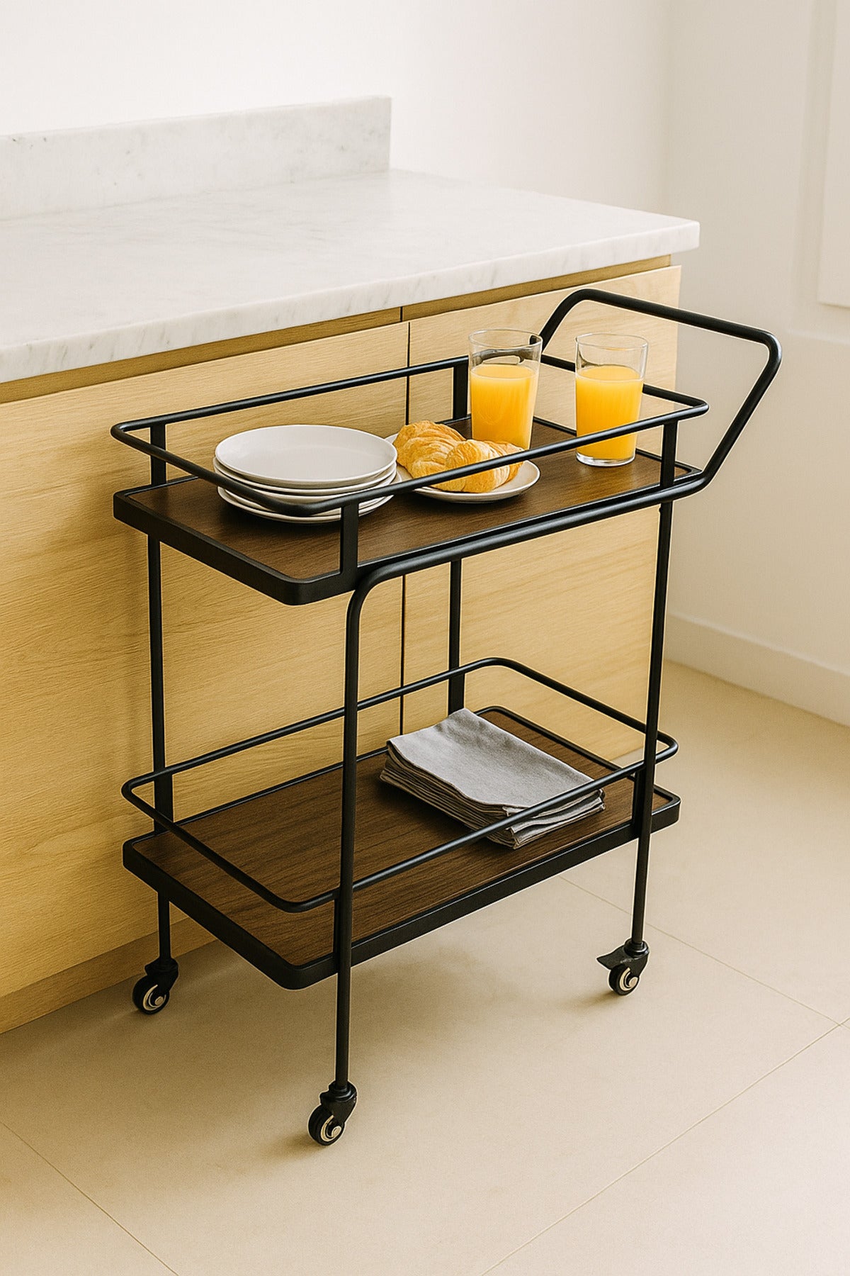 Modern Coffee Brown Serving Trolley with Metal Frame √ê 2-Tier Bar Cart with Wheels 83_40_80 cm