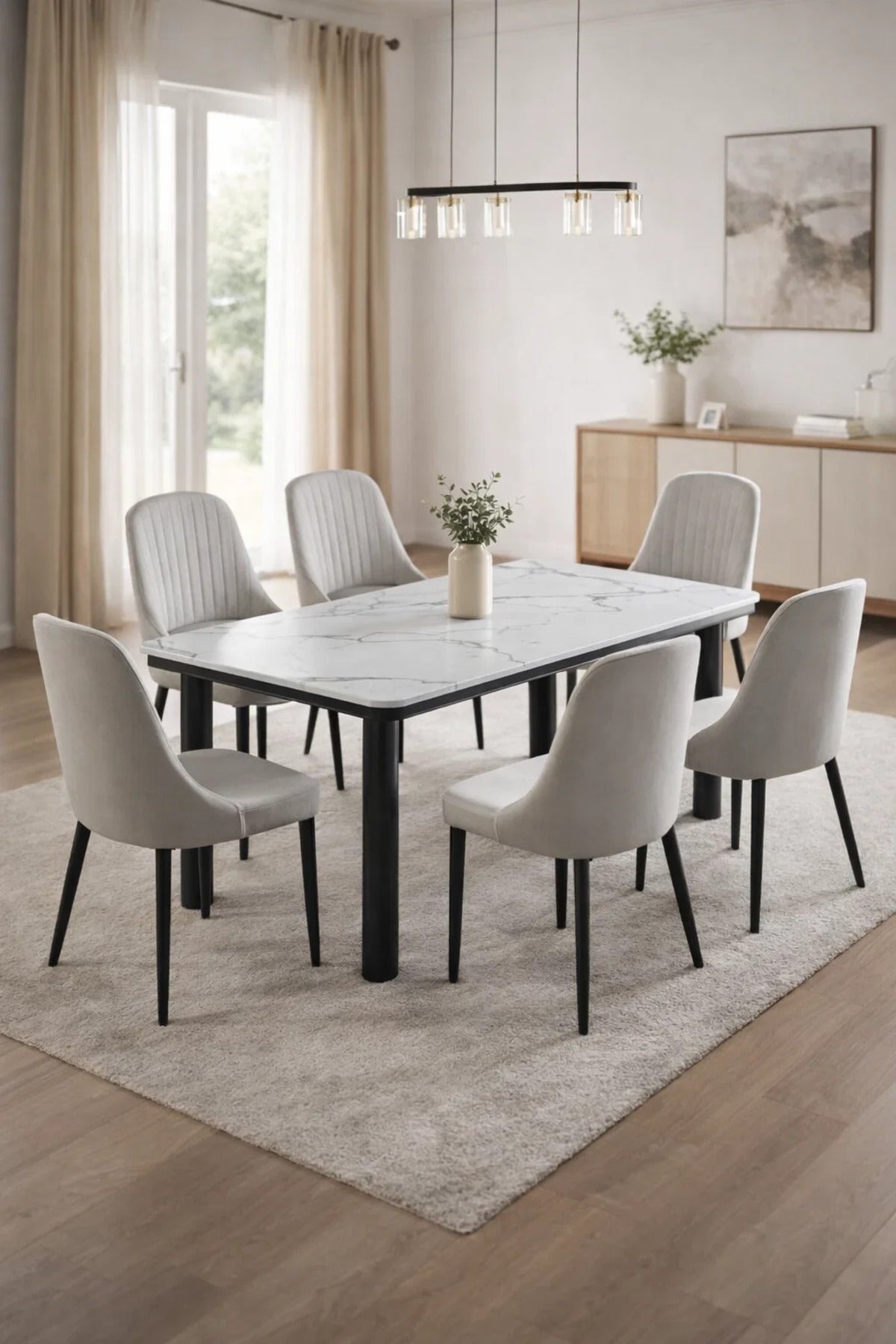 Contemporary 7-Piece Dining Room Set with White Faux Marble Table and Six Grey Tufted Chairs
