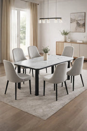 Contemporary 7-Piece Dining Room Set with White Faux Marble Table and Six Grey Tufted Chairs
