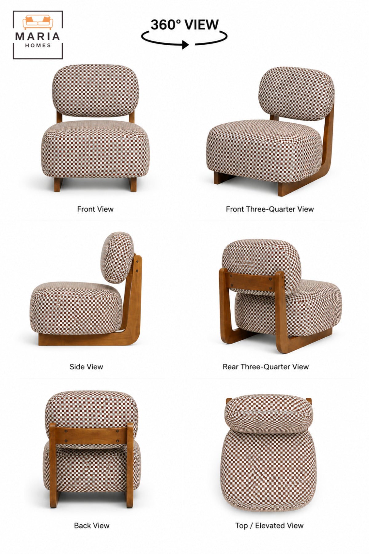 Modern Checkered Upholstered Accent Chair with Wooden Frame & Padded Backrest | Contemporary Armless Lounge Chair for Living Room, Bedroom & Reception