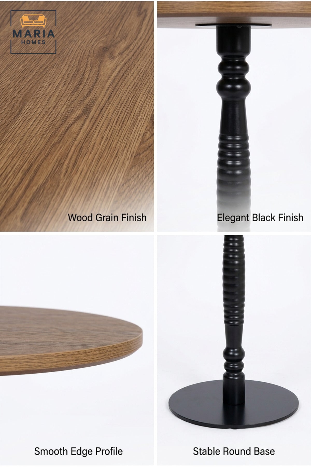 Modern Round Side Table with Natural Wood Top, Decorative Black Pedestal Base, Compact Accent Table for Living Room, Bedroom & Lounge – 40 × 60 cm