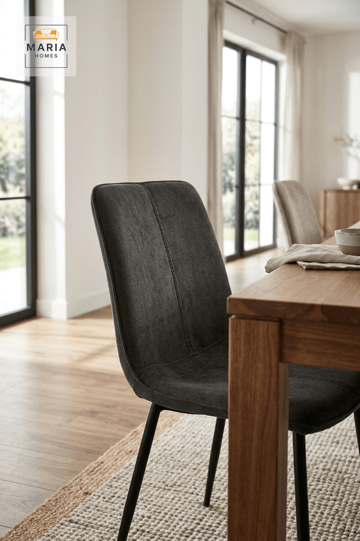 Dark Upholstered Dining Chair with Black Metal Legs for Home Dining Spaces