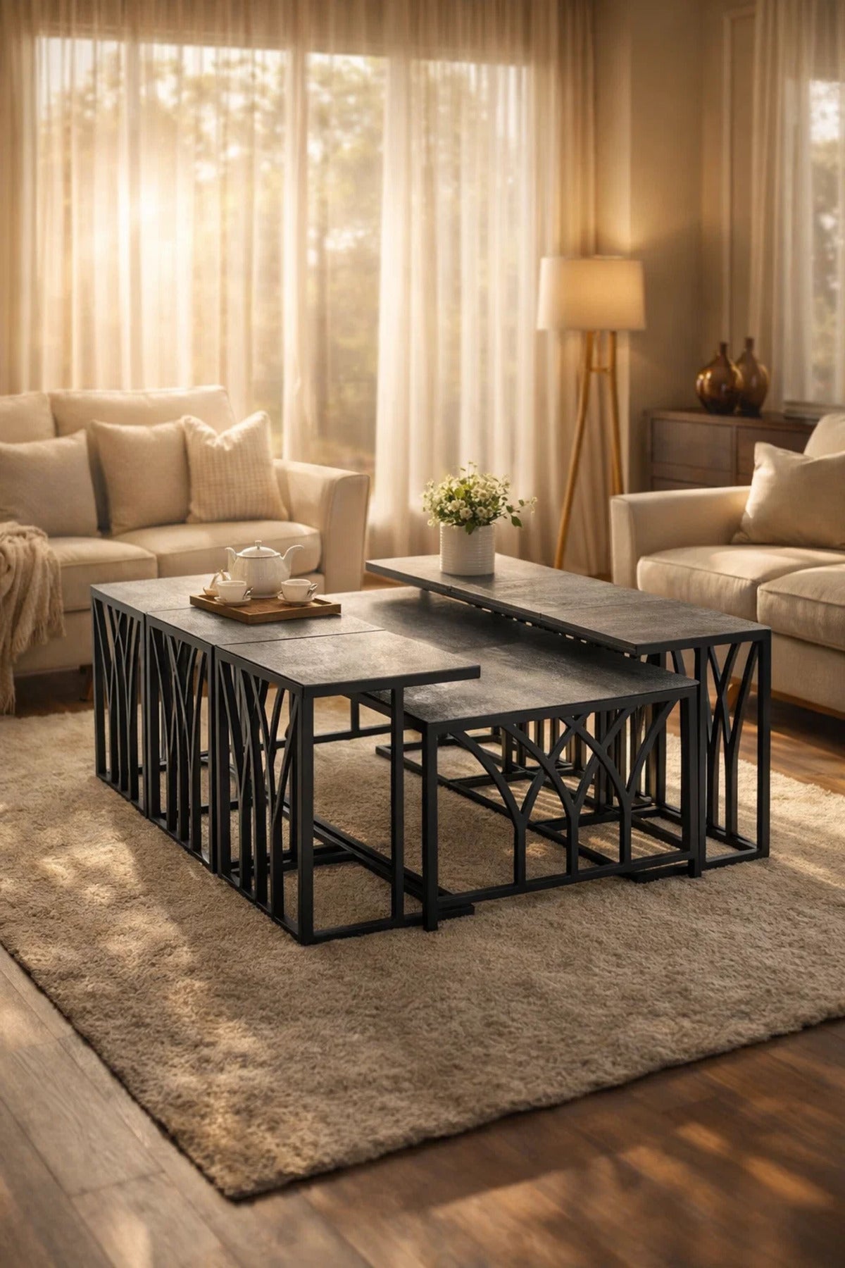 Modern Grey Coffee Table Set with 6 Side Tables 130 _ 70 45 cm modern grey coffee