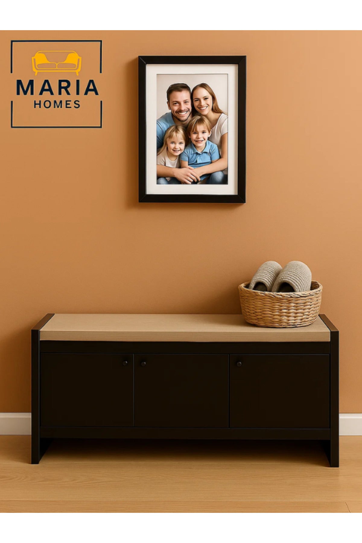 Black Wooden Storage Bench with Cushion Seat Ð Entryway Shoe Cabinet (120_40_52 cm)