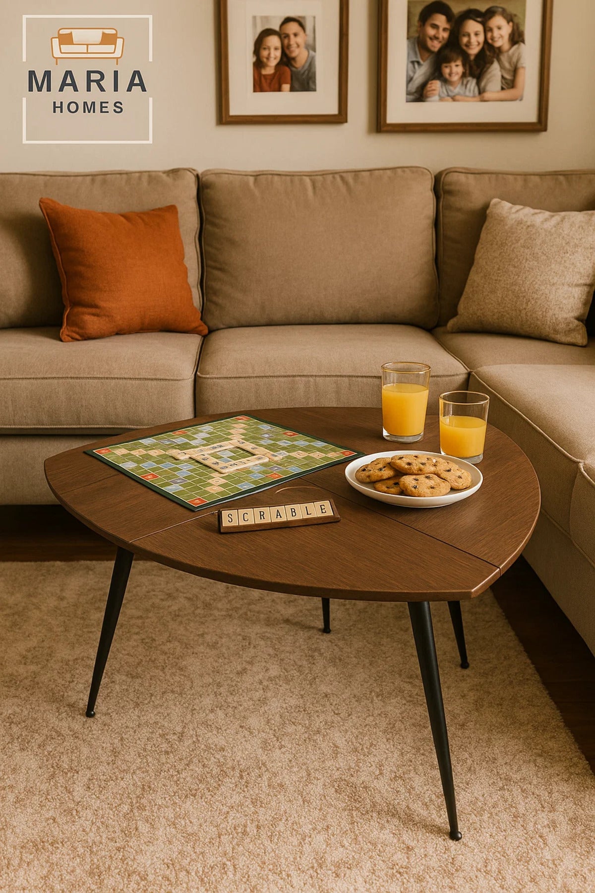 Tri-fold dark walnut accent table with sleek black legs