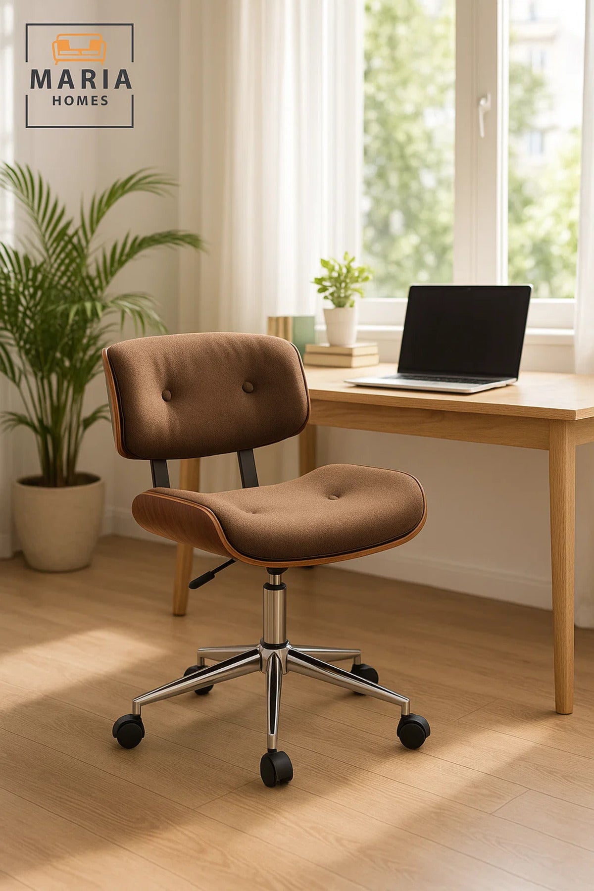 Brown Upholstered Adjustable Office Chair with Wheels, Mid-Century Modern Swivel Desk Chair