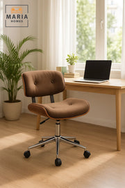 Brown Upholstered Adjustable Office Chair with Wheels, Mid-Century Modern Swivel Desk Chair