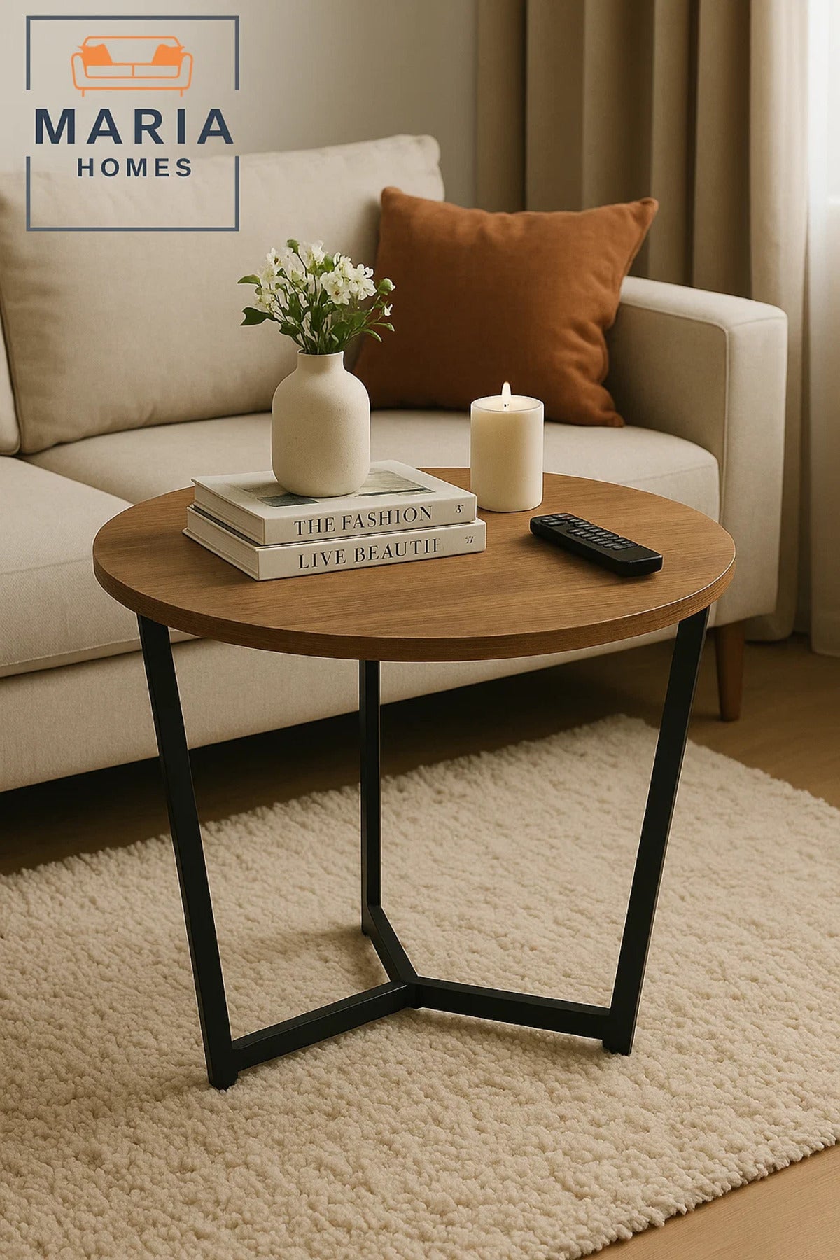 Round Wood Top Side Table with Y-Base Black Frame
