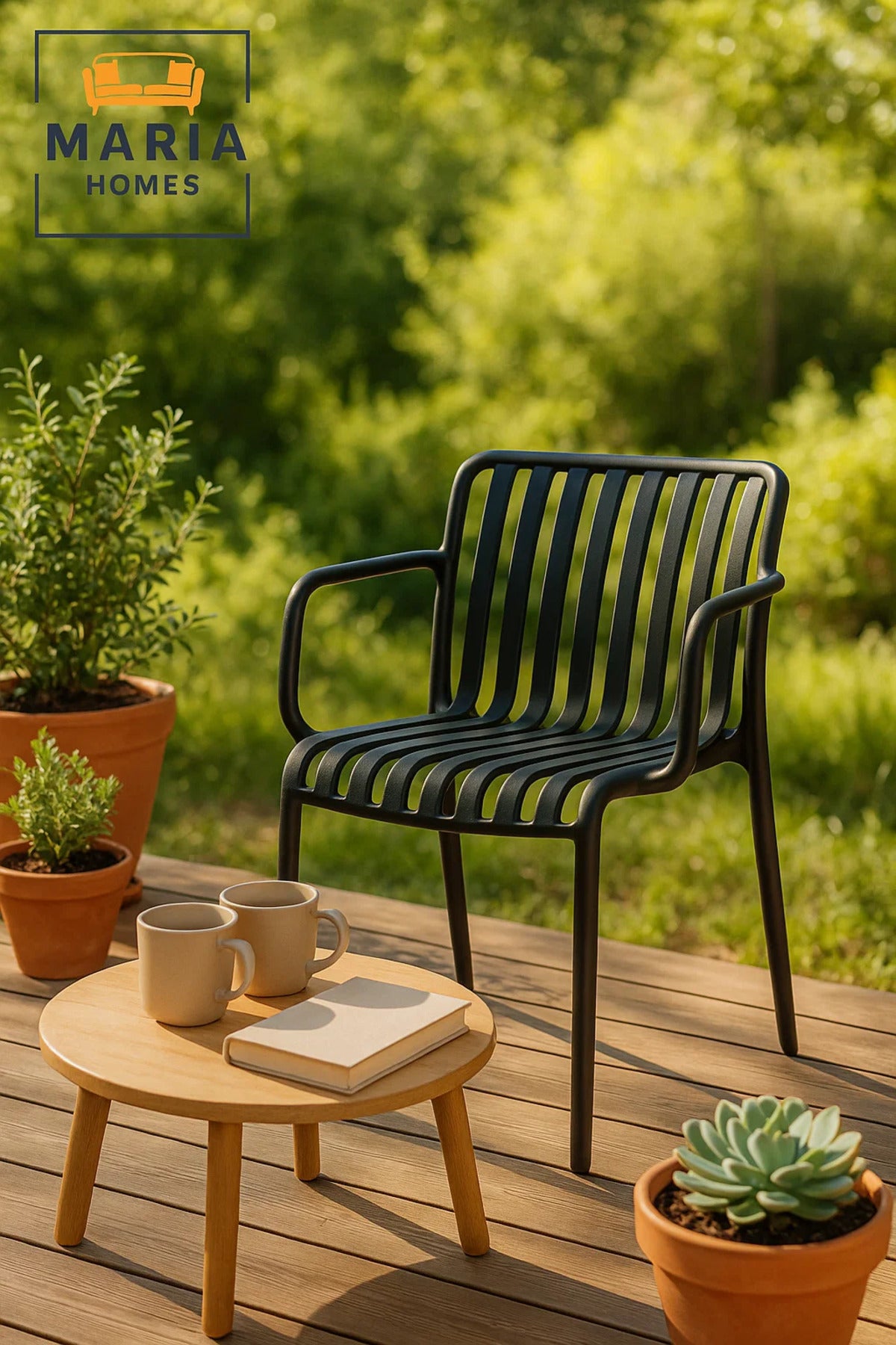 Black Plastic Outdoor Armchair with Slatted Design