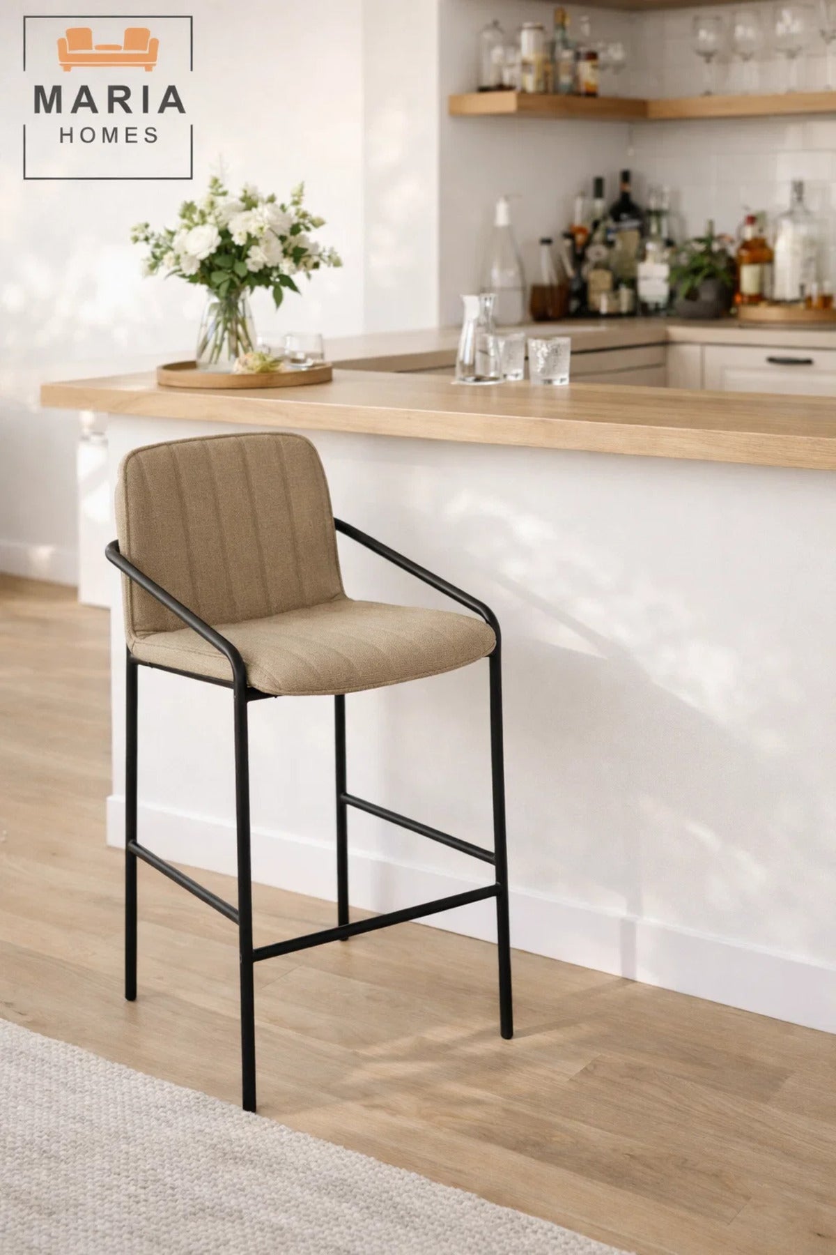 Khaki Upholstered Bar Stool with Black Metal Frame Ð Modern Counter Chair with Armrests