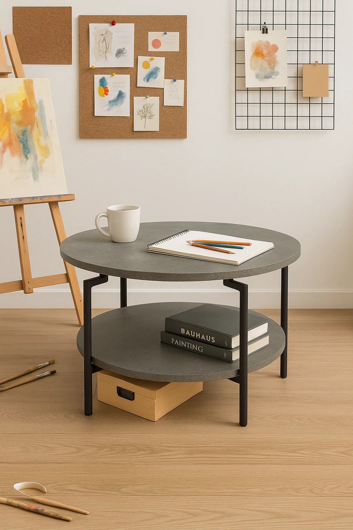 Dual-layer round coffee table in grey concrete finish