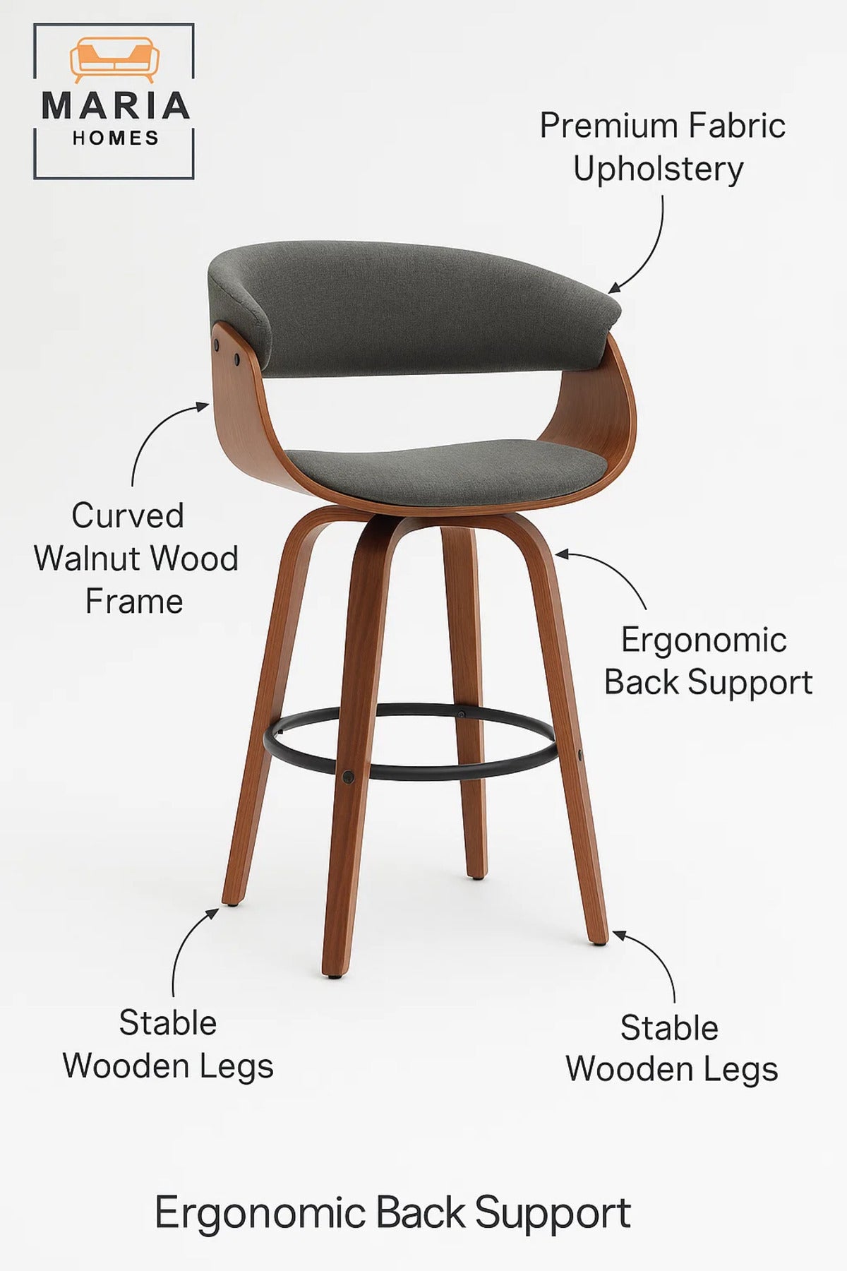 Dark Grey Swivel Bar Stool with Curved Wood Backrest, Upholstered Seat, Metal Footrest for Kitchen