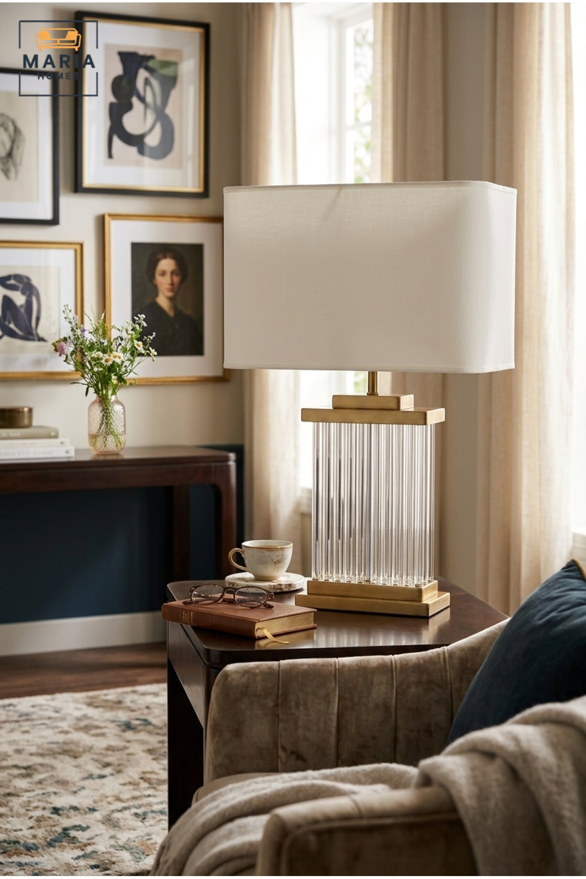 Luxury Rectangular Crystal Table Lamp with White Fabric Shade, Ribbed Clear Base and Antique Gold Tone Frame for Bedroom, Living Room, Office and Hotel