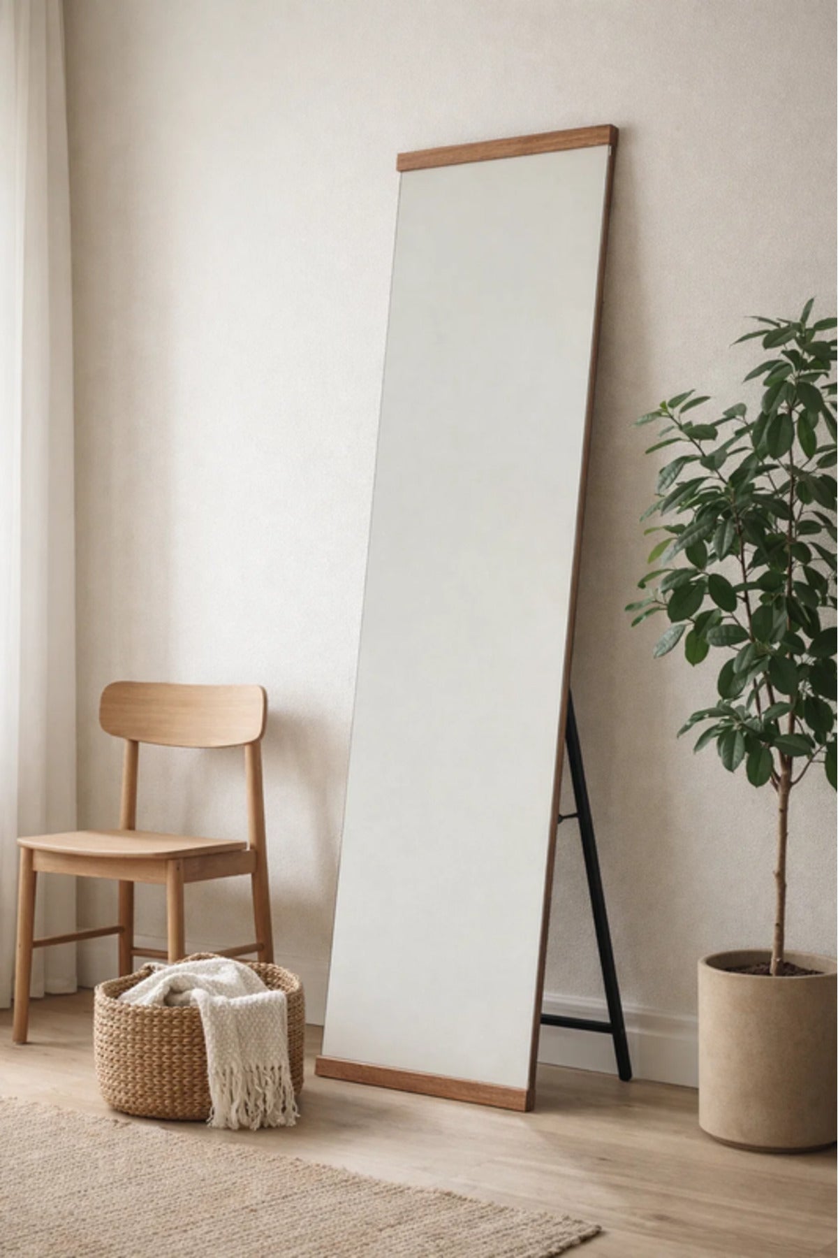 Brown Wood Frame Floor Mirror Full Length Standing Mirror for Bedroom