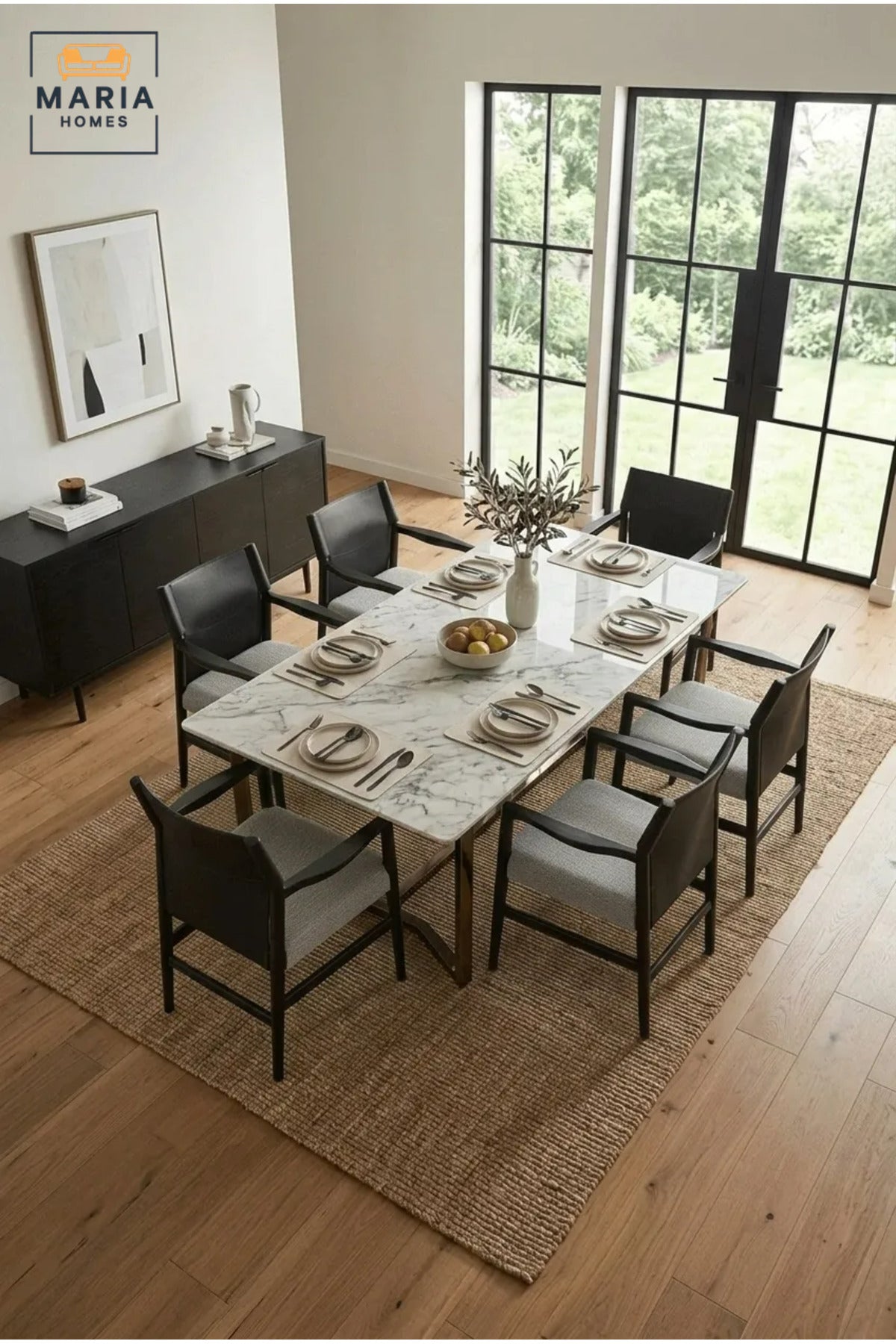 Modern Black Dining Chair with Armrests, PU Leather Backrest and Grey Upholstered Seat for Dining Room, Kitchen, Restaurant and Office