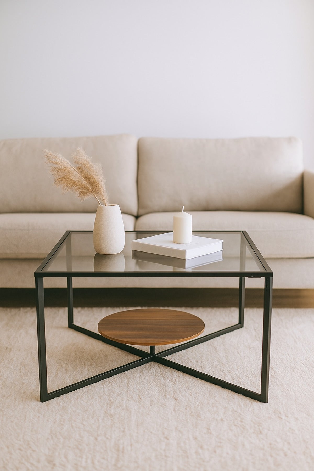 Modern Coffee Table with Black Metal Frame and Brown Wood Shelf Glass Top Table 75_75_46cm