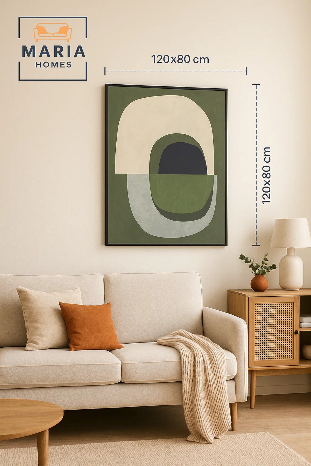 Framed Abstract Wall Art Ð Green & Neutral Organic Shapes Composition and 120*80 cm