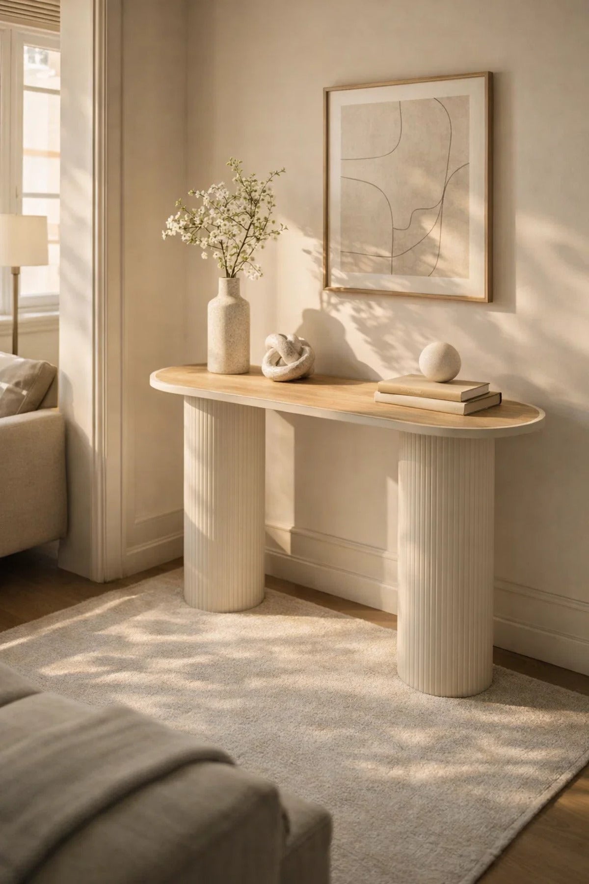 Modern Oval Console Table Beige Ribbed Pillar Legs Natural Wood Top Entryway Living Room 120cm