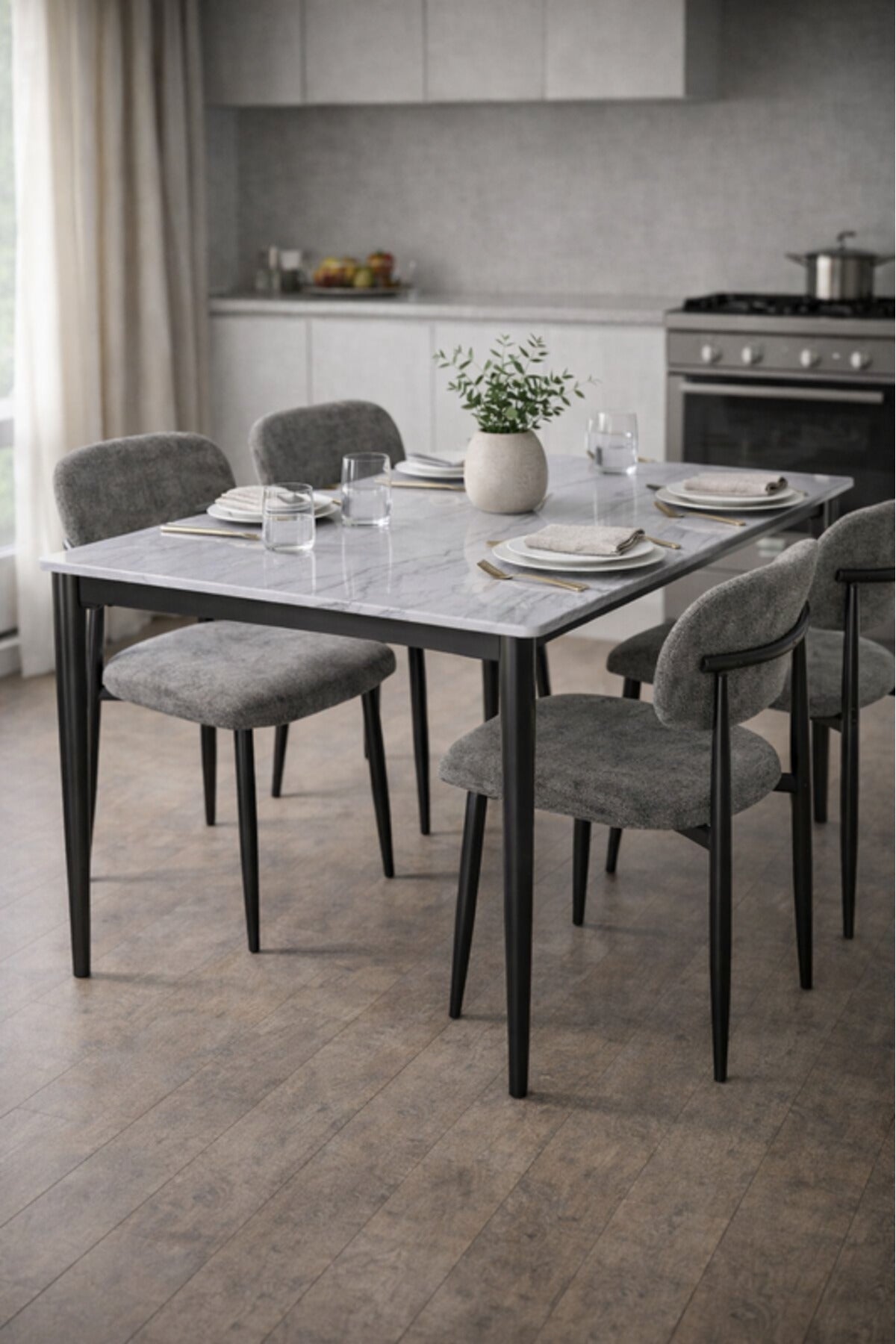 Modern Marble Top Dining Table Set with 4 Upholstered Chairs 130x80x75cm modern marble