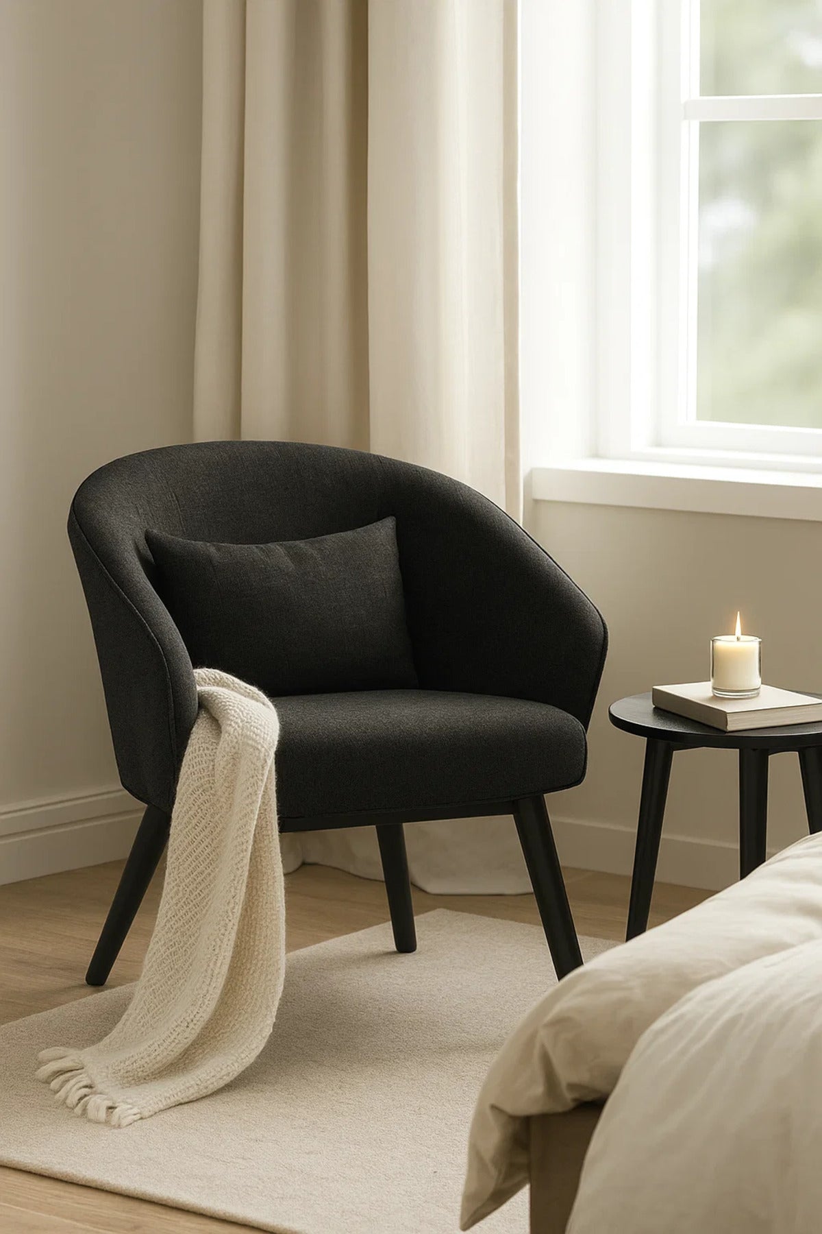 Black Fabric Accent Chair with Cushion, Modern Armchair for Living Room, Bedroom & Office Cabin