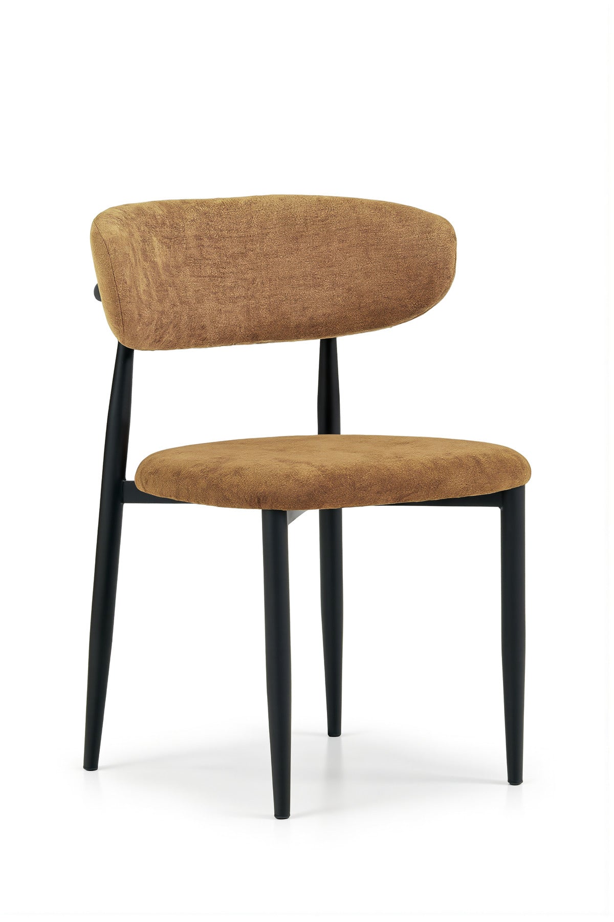 Modern Brown Fabric Dining Chair with Curved Backrest & Solid Wood Legs
