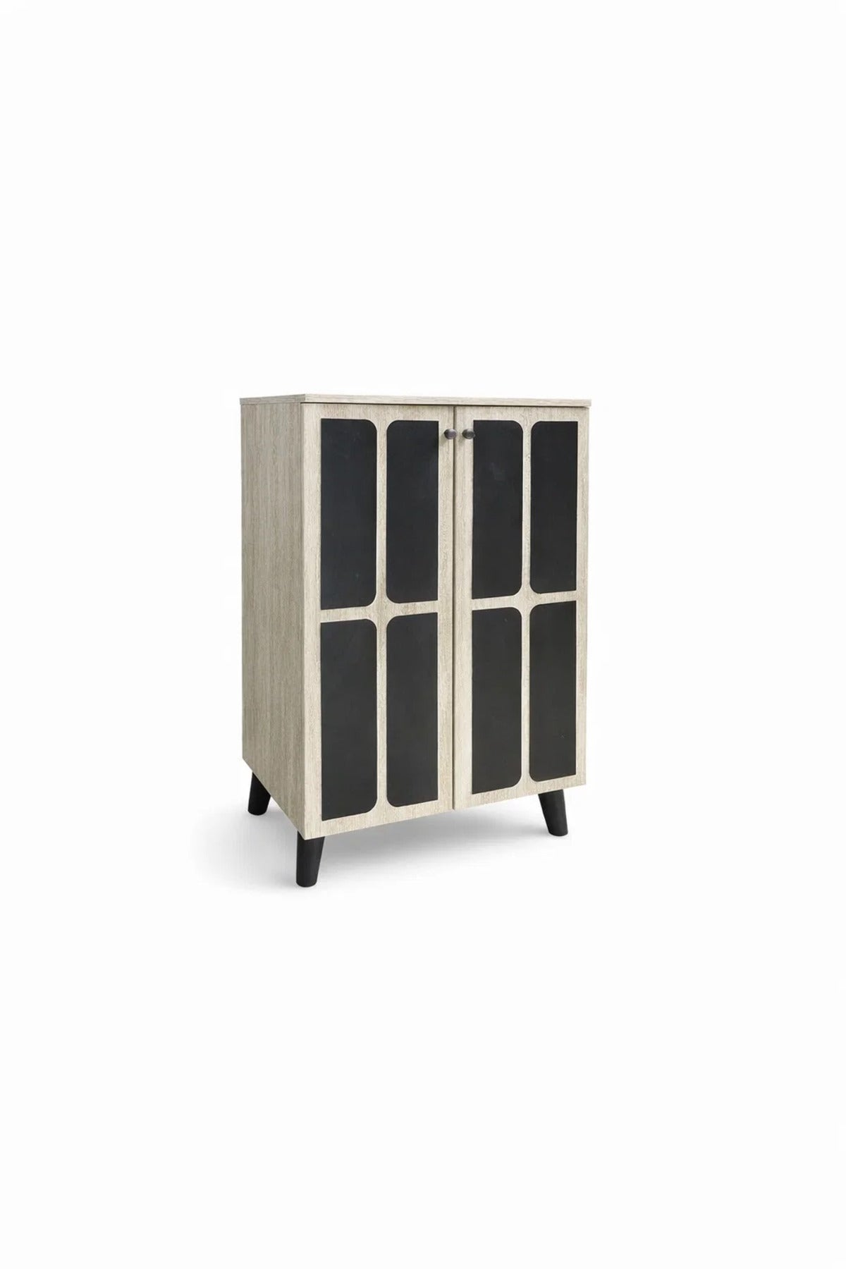 Modern Grey Wooden Shoe Cabinet 2-Door Storage Organizer with Dark Accents for Entryway Hallway