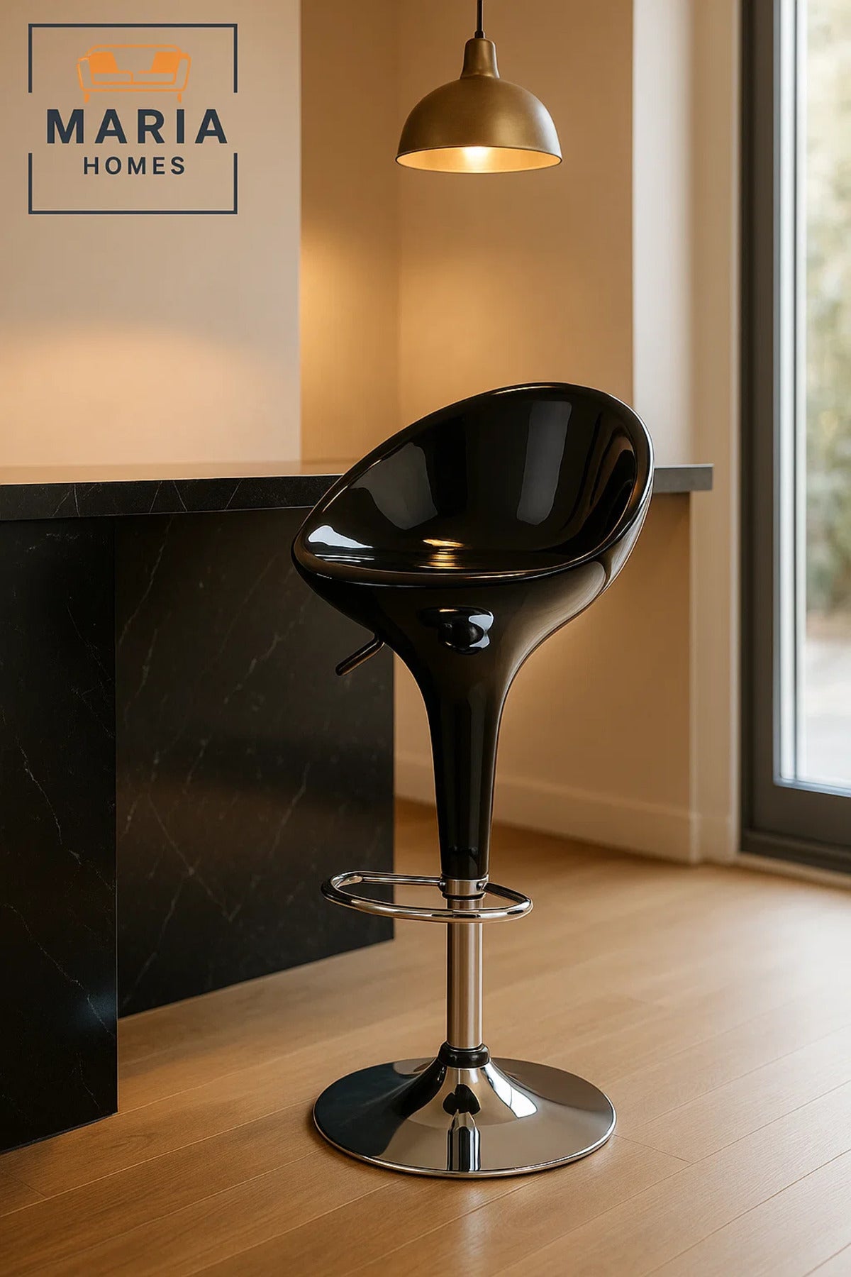 Black Bar Stool with Chrome Base and Footrest Adjustable Height