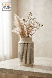 Decorative Ceramic Vase with Beige Body and Black Vertical Stripe Design for Home Decor