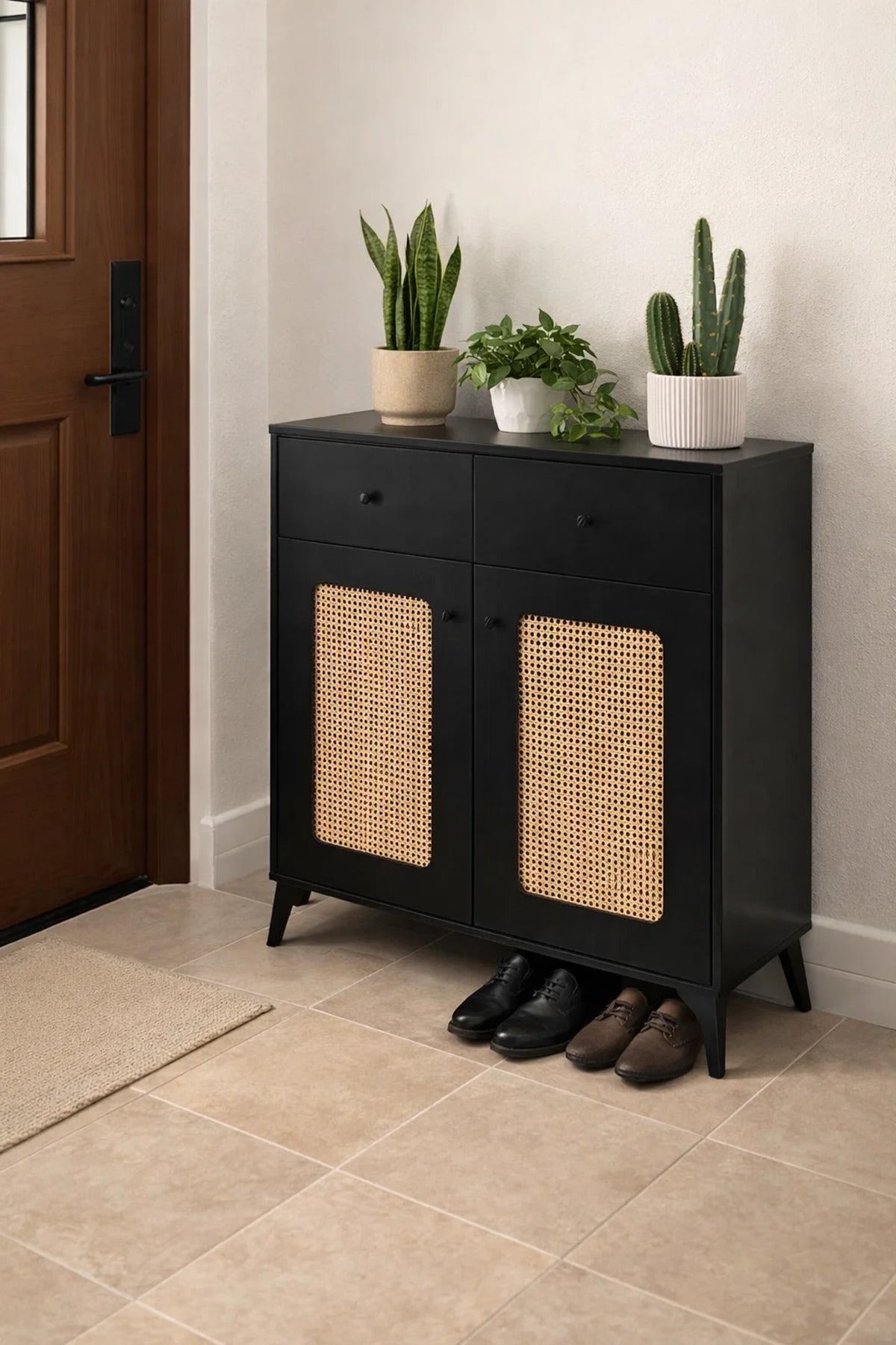 Modern Black Rattan Shoe Cabinet with Drawers Entryway Storage Organizer Console Table 80cm Wide