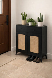 Modern Black Rattan Shoe Cabinet with Drawers Entryway Storage Organizer Console Table 80cm Wide