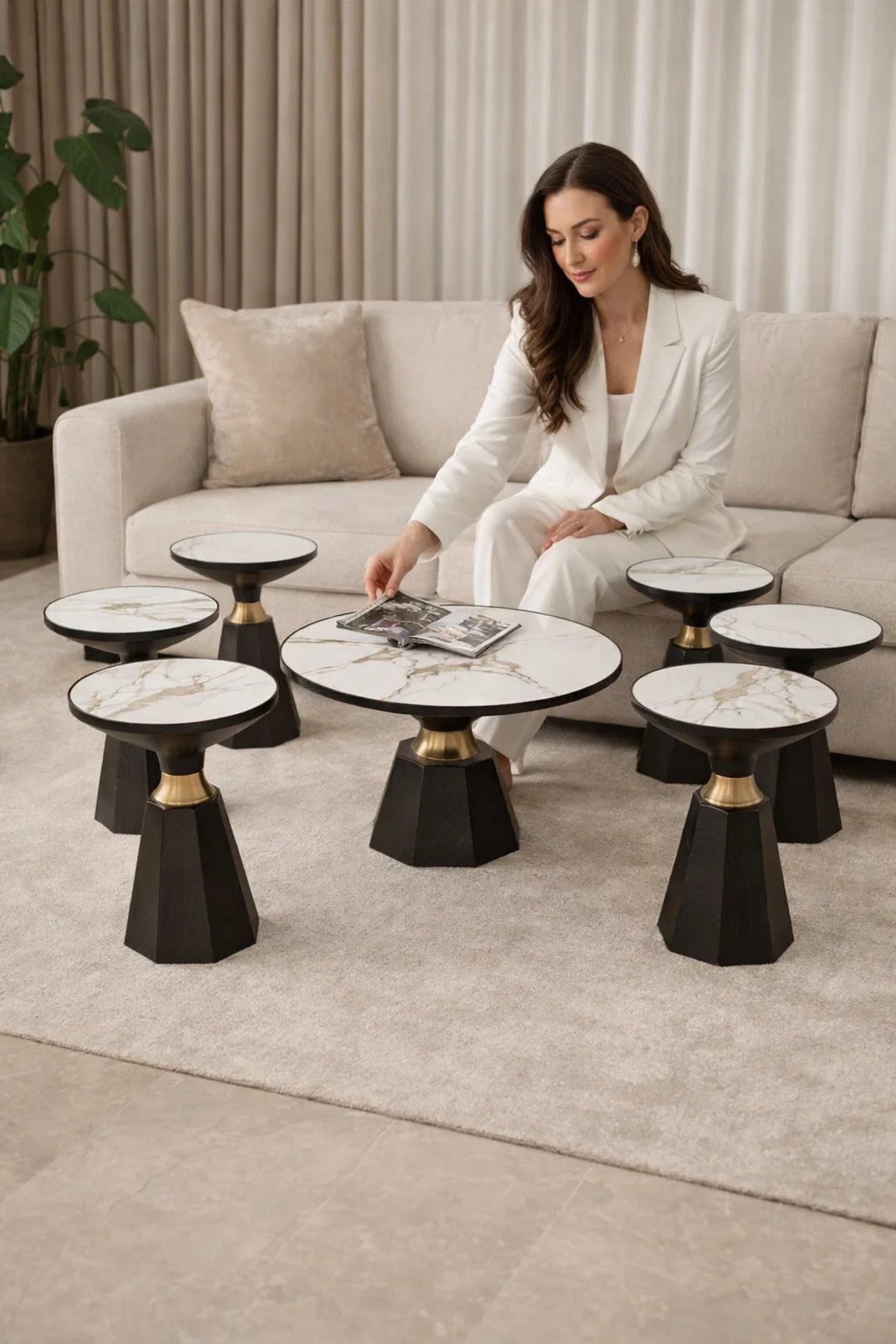 Modern 7-Piece Coffee Table Set Ceramic Top Black Base Gold Detail Center Table Living Room Kit