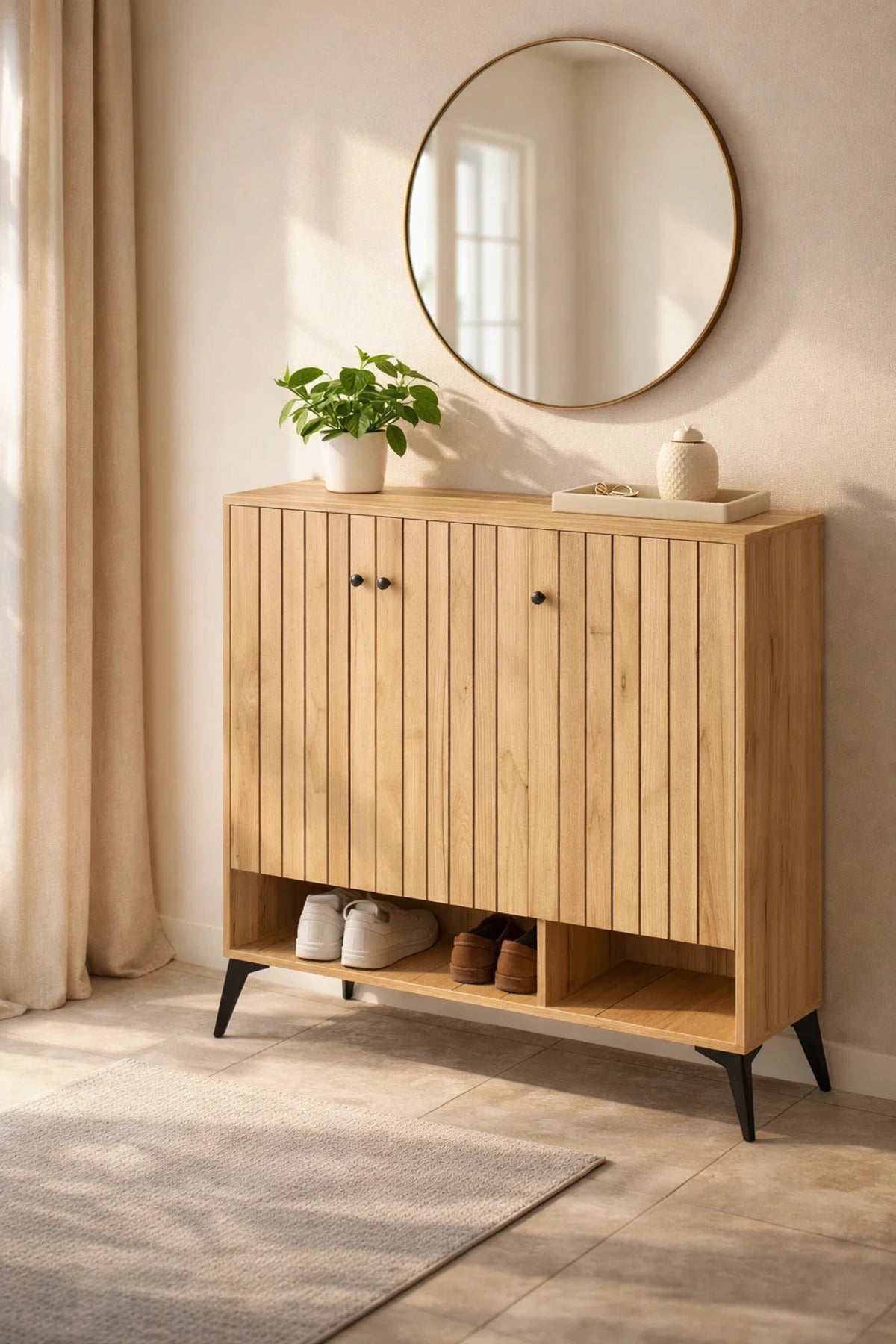 Premium Wooden Shoe Cabinet Storage Organizer with Stylish Slatted Doors for Modern Hallways