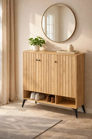 Premium Wooden Shoe Cabinet Storage Organizer with Stylish Slatted Doors for Modern Hallways