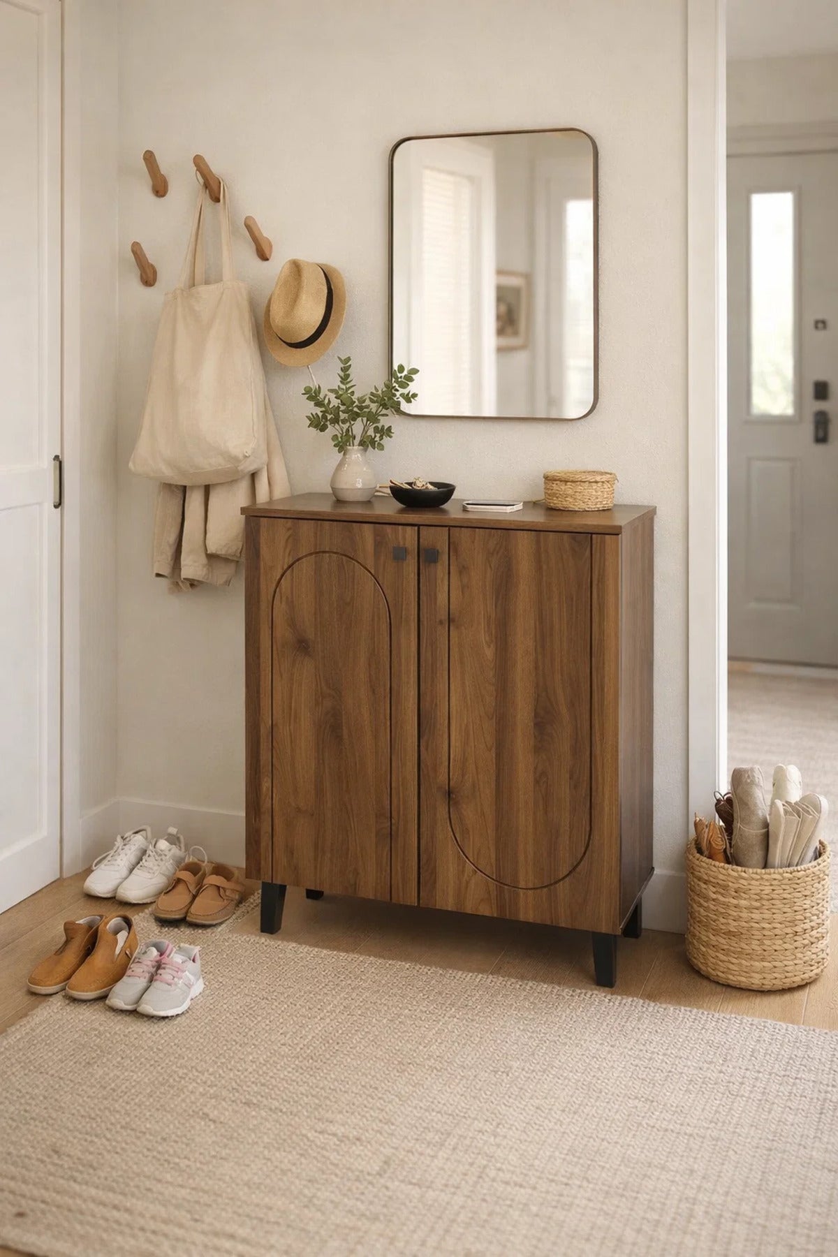 Modern Wooden Shoe Cabinet Dark Brown with Curved Line Design 80 x 32 x 94 cm